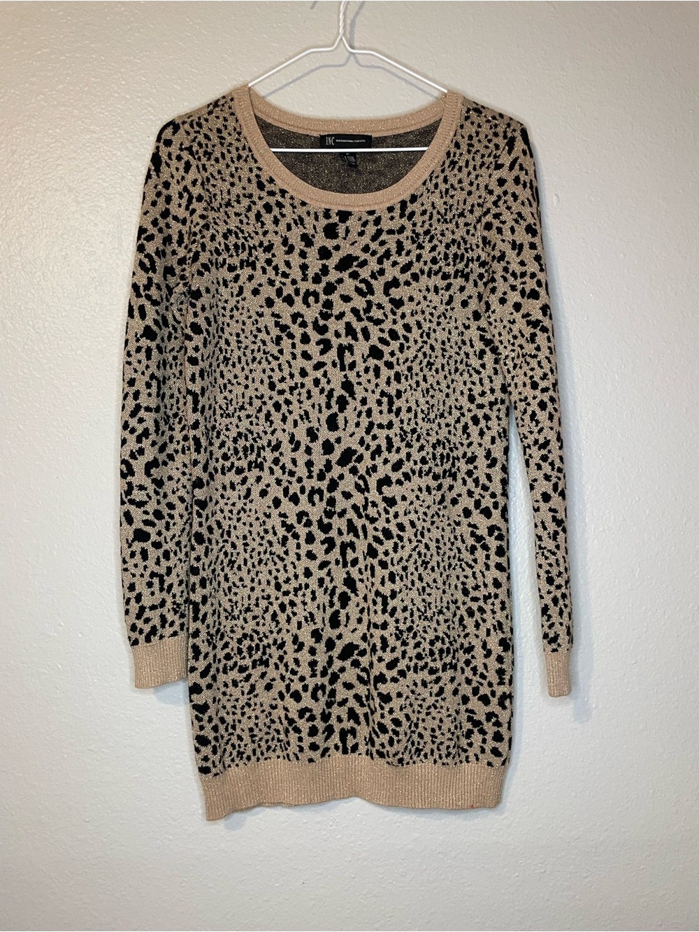 INC International Concepts and Black Leopard Crewneck Sweater Dress